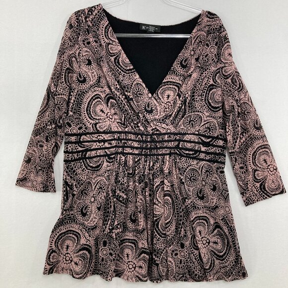 INC International Concepts 1X Pink Black Floral Abstract Babydoll Stretch Top - Picture 1 of 8